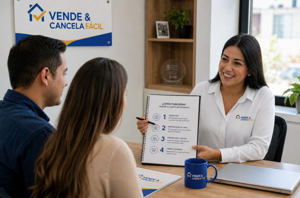 Asesora explicando el proceso de venta a una familia en oficina